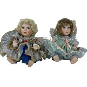 Lot of 2 Porcelain Dolls Angel Wings Fancy Pretty Blue Dress AEL 2000
